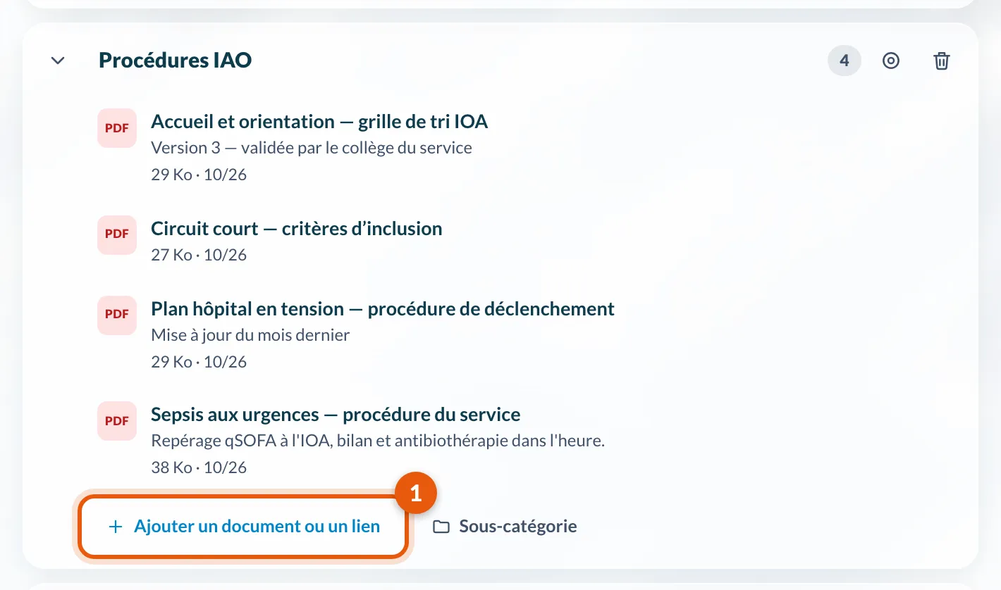 Le bouton Ajouter un document ou un lien dans une catégorie