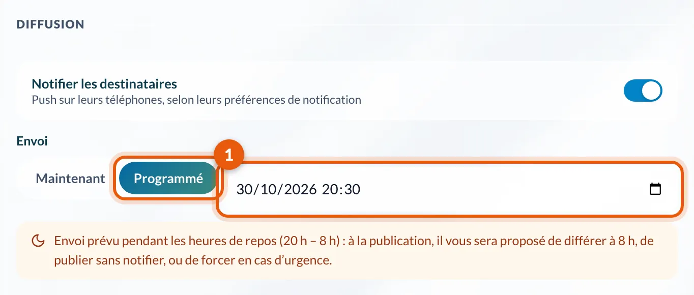 Envoi Programmé et le champ de date et d'heure