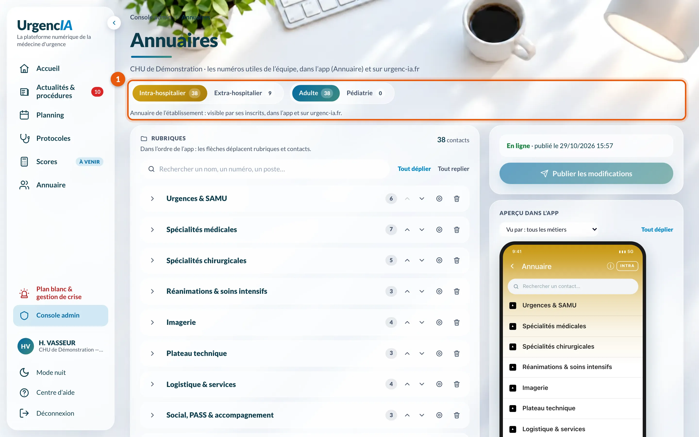 La page Annuaires : choix intra ou extra-hospitalier, adulte ou pédiatrie, rubriques, publication et aperçu