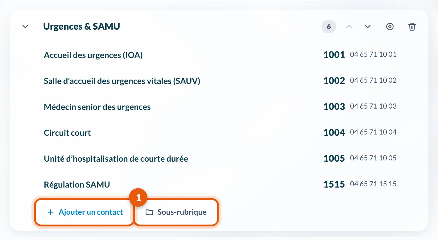 Une rubrique ouverte, ses contacts, et les boutons Ajouter un contact et Sous-rubrique