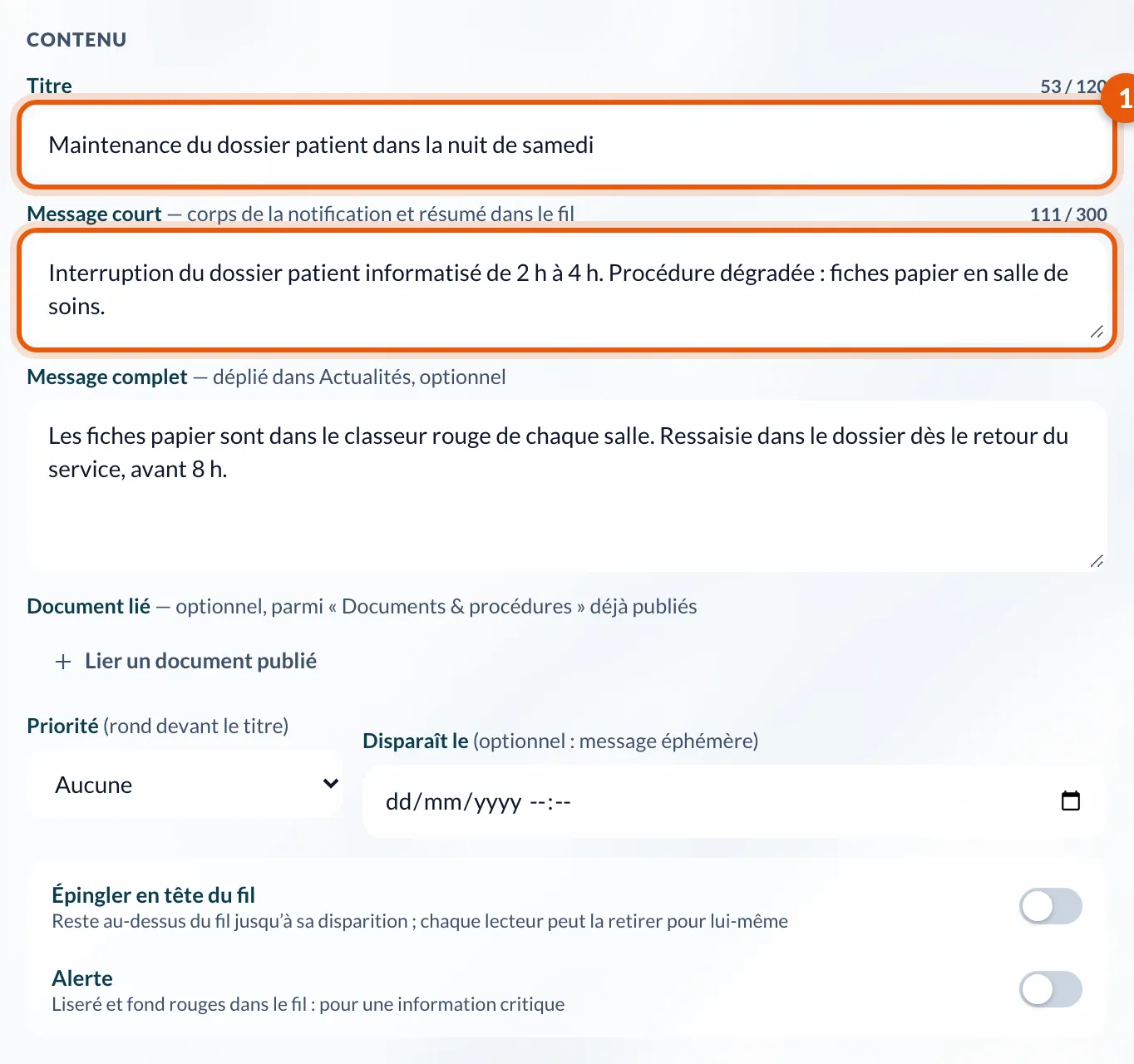 La section Contenu : titre, message court et message complet remplis