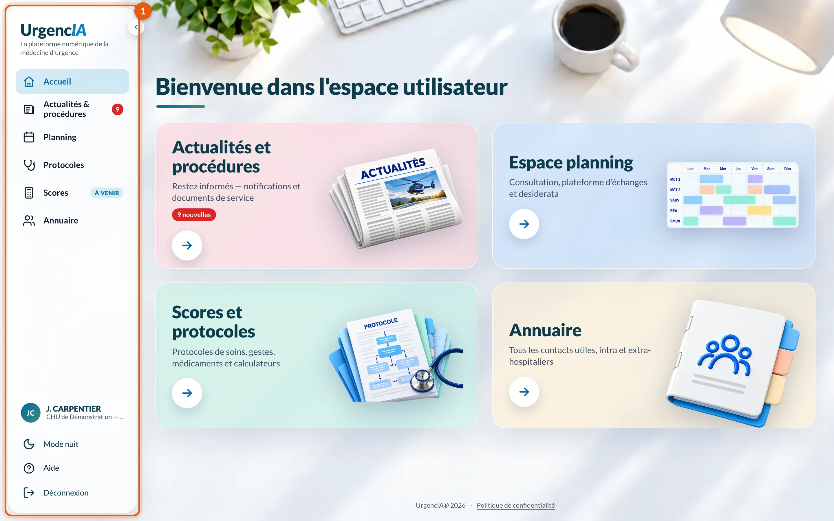 L'espace équipe : la colonne de gauche et les quatre cartes d'accueil