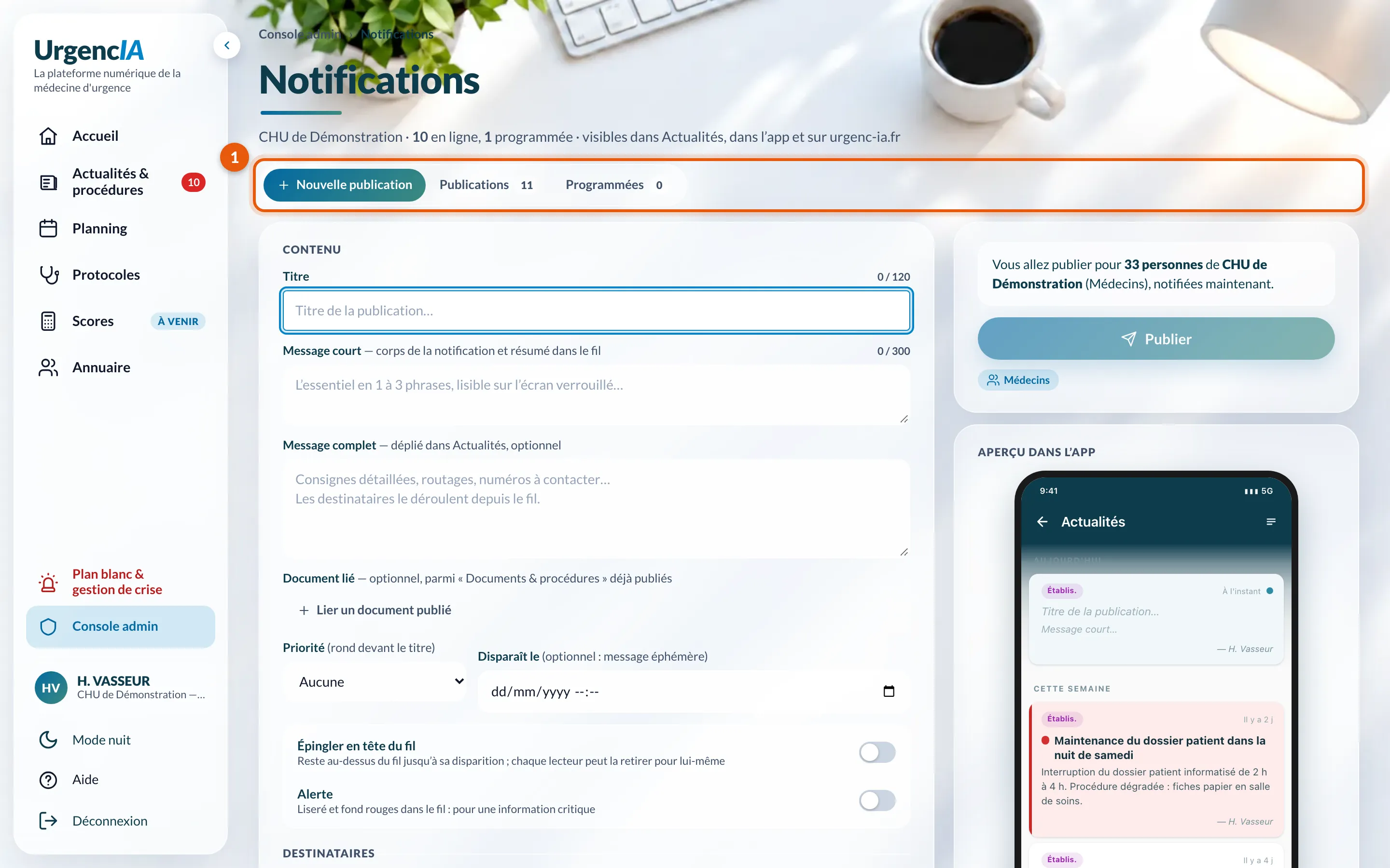 La page Notifications et ses trois onglets : Nouvelle publication, Publications, Programmées