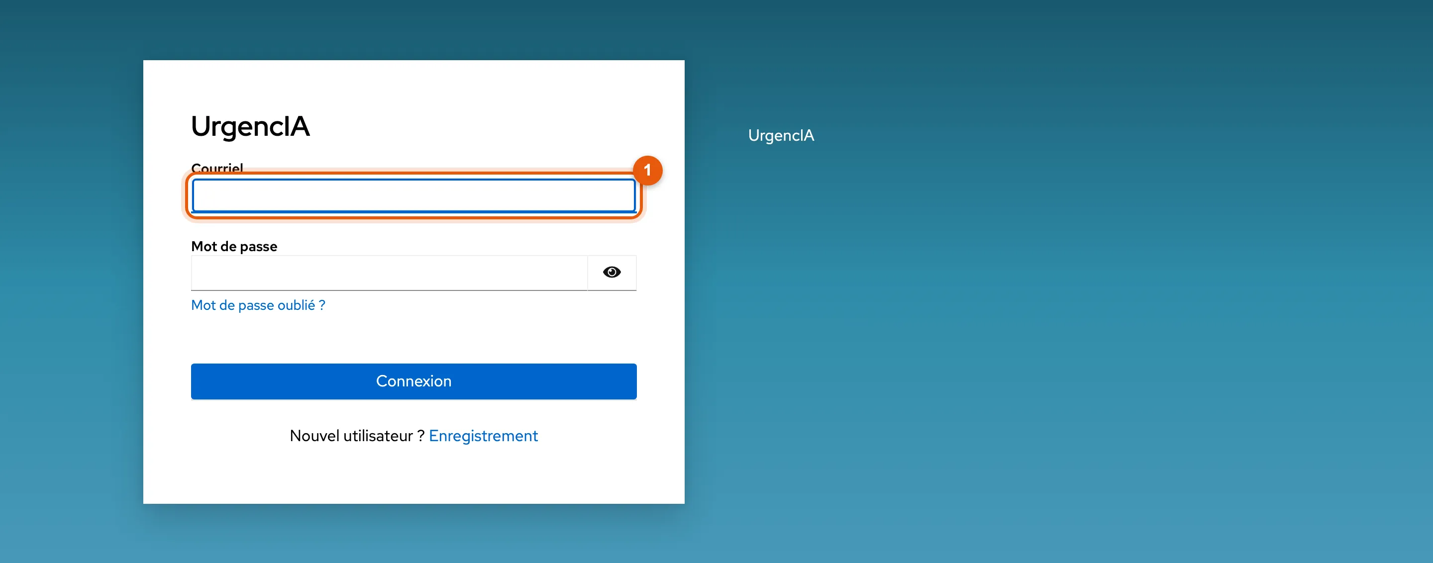 La page de connexion UrgencIA : champs Courriel et Mot de passe