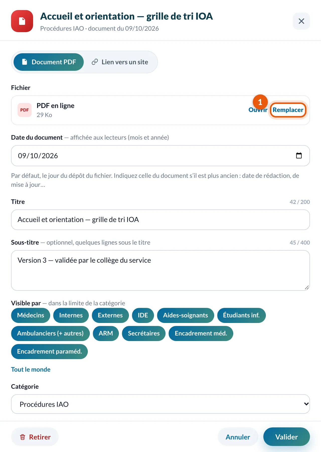 Le volet d'un document : Remplacer, titre, date, Visible par, Retirer