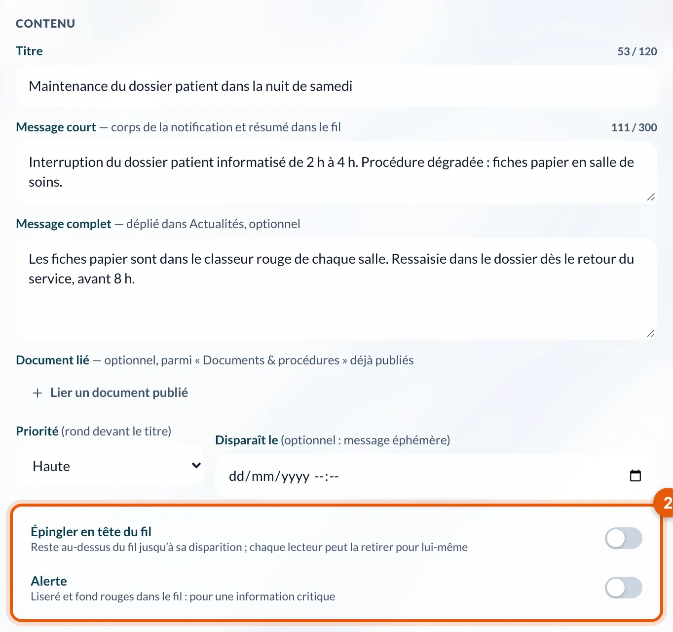 Priorité, Disparaît le, Épingler en tête du fil et Alerte