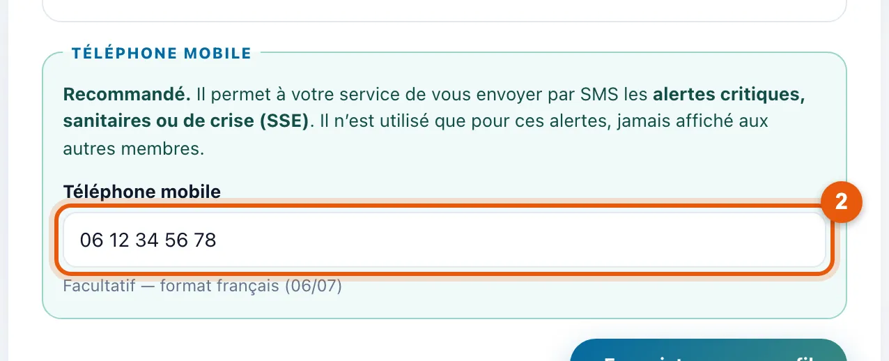 L'encadré Téléphone mobile et son champ de saisie