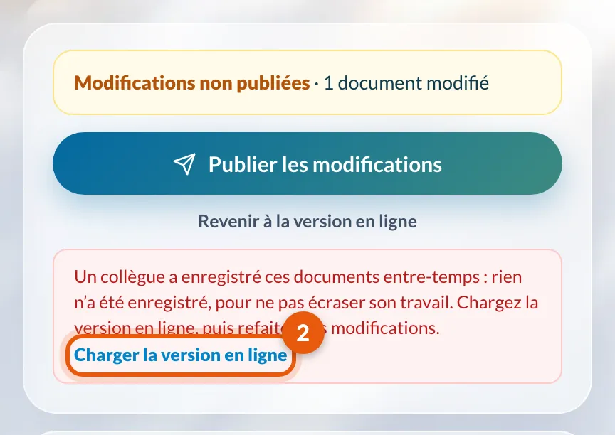 Le message Un collègue a enregistré ces documents entre-temps et le bouton Charger la version en ligne