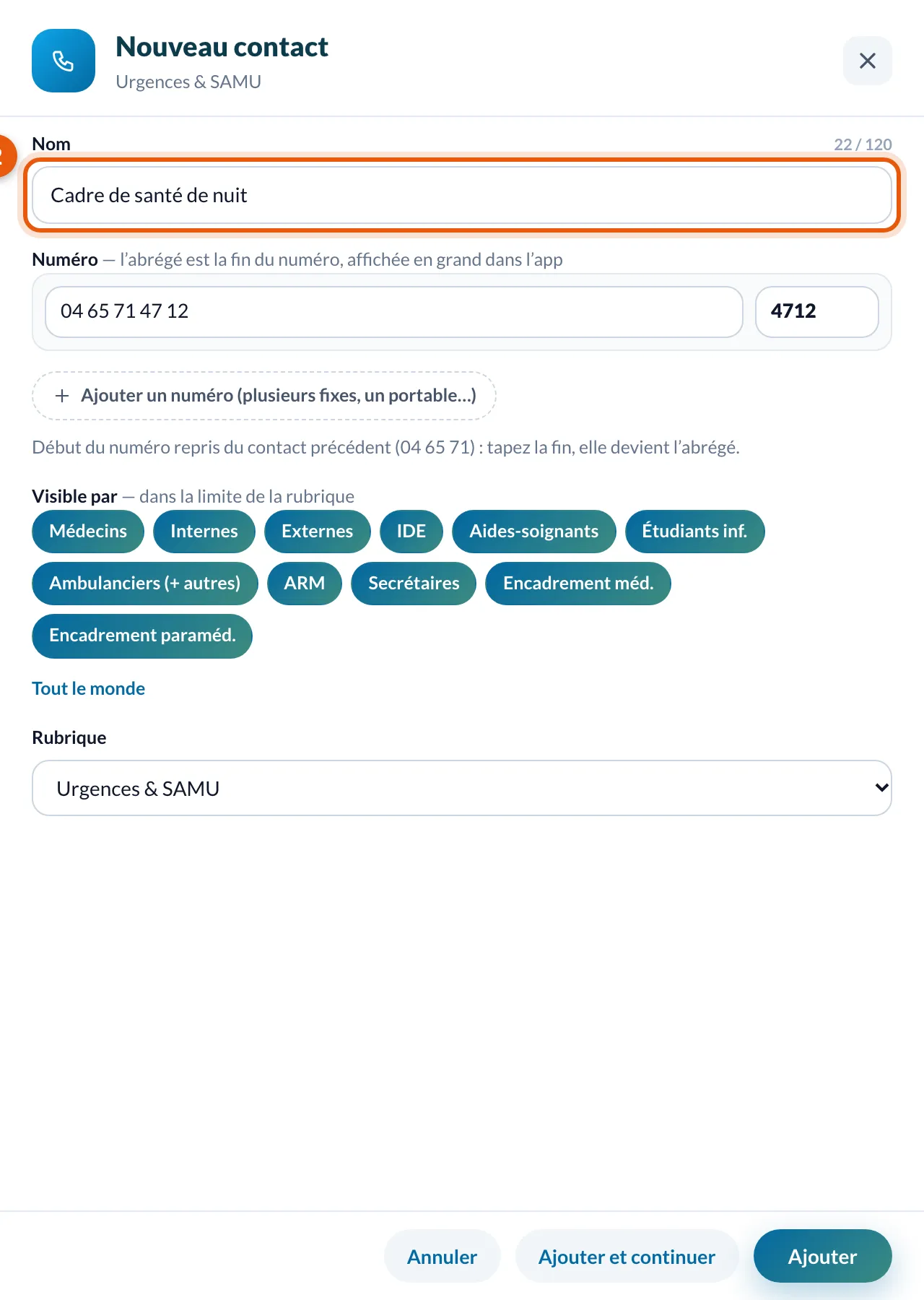 Le volet Nouveau contact : nom, numéro, abrégé