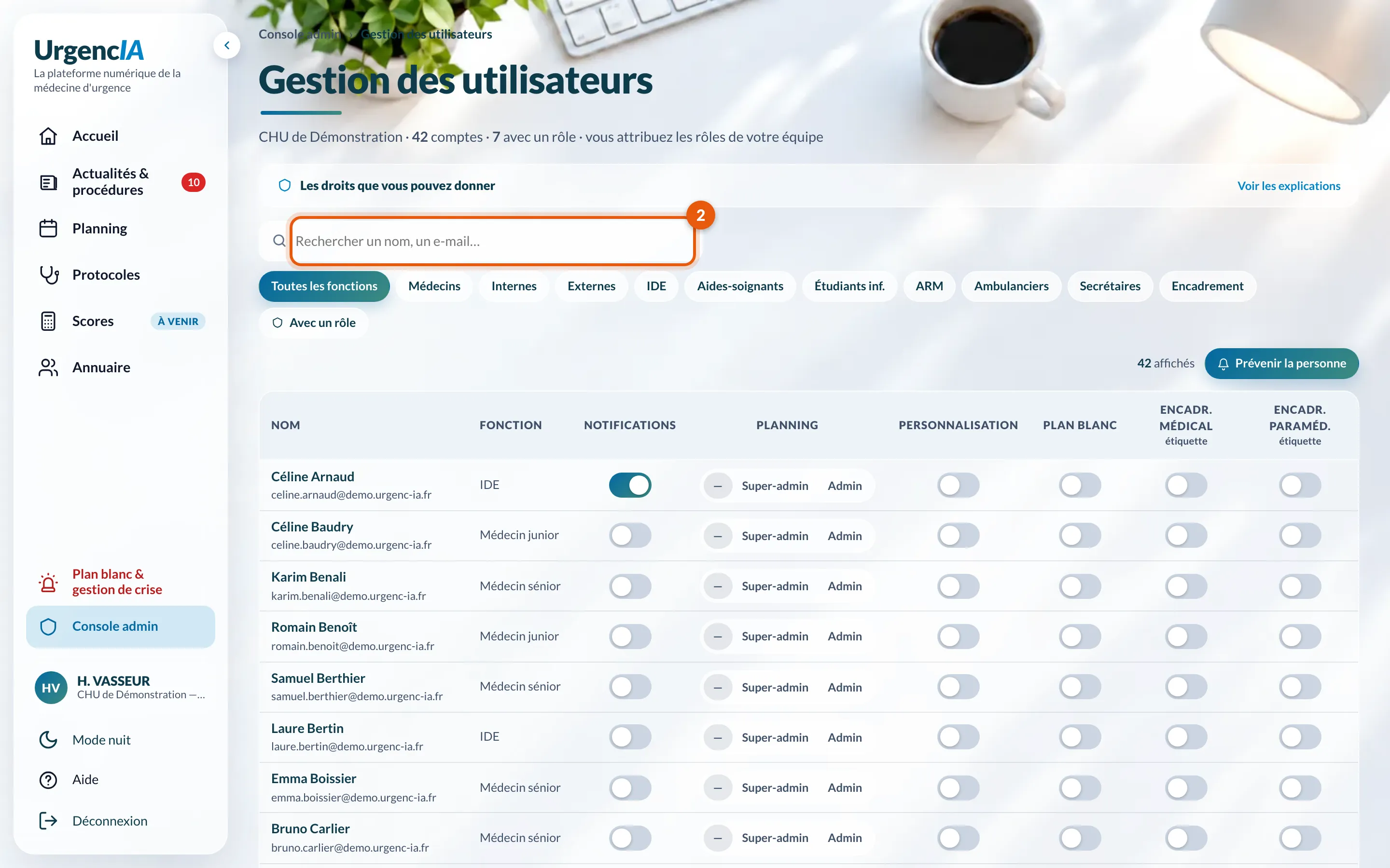 Le champ de recherche de Gestion des utilisateurs