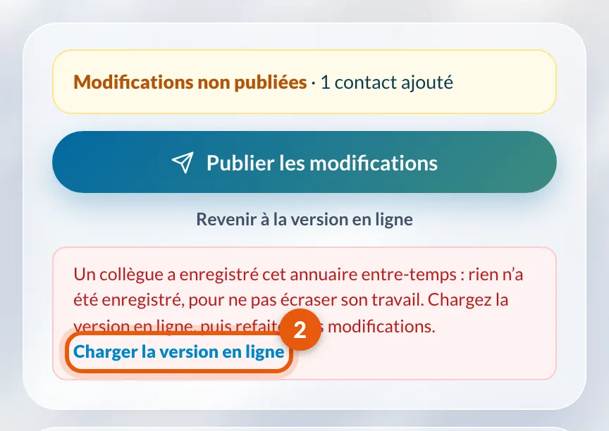 Le message Un collègue a enregistré cet annuaire entre-temps et le bouton Charger la version en ligne