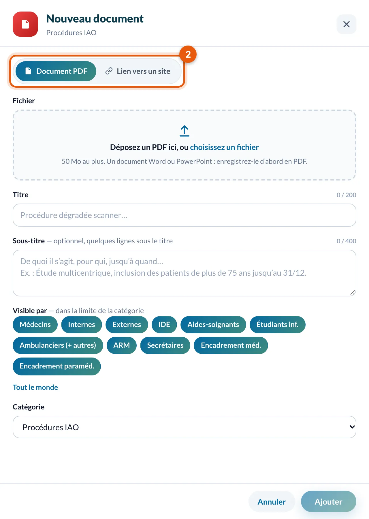 Le volet Nouveau document : Document PDF ou Lien vers un site, et la zone de dépôt