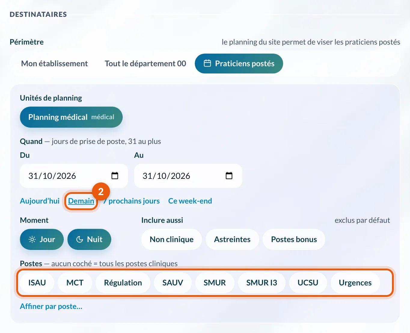 Le raccourci Demain et les familles de postes