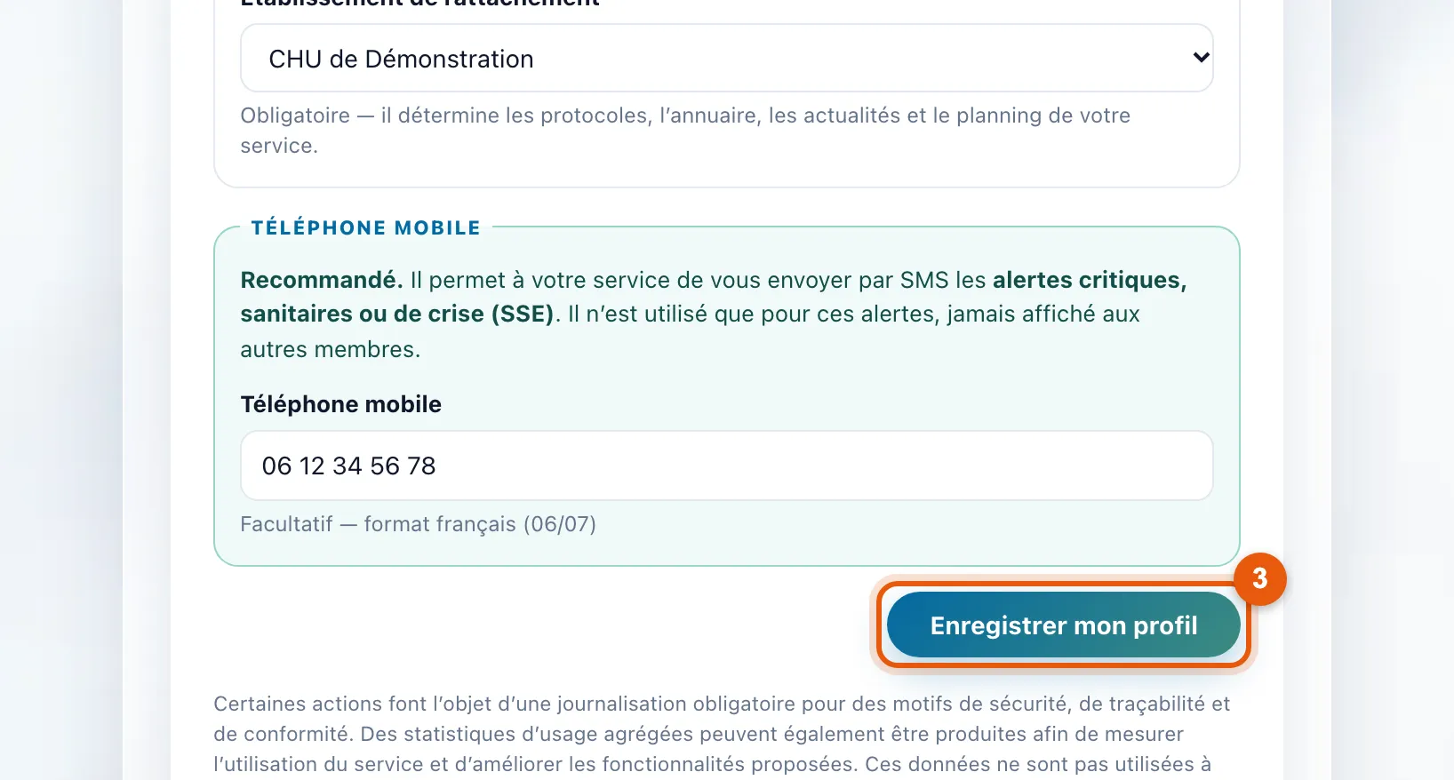 Le bouton Enregistrer mon profil