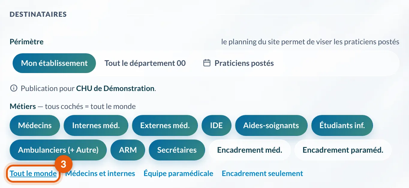 La section Destinataires : périmètre, métiers et le raccourci Tout le monde