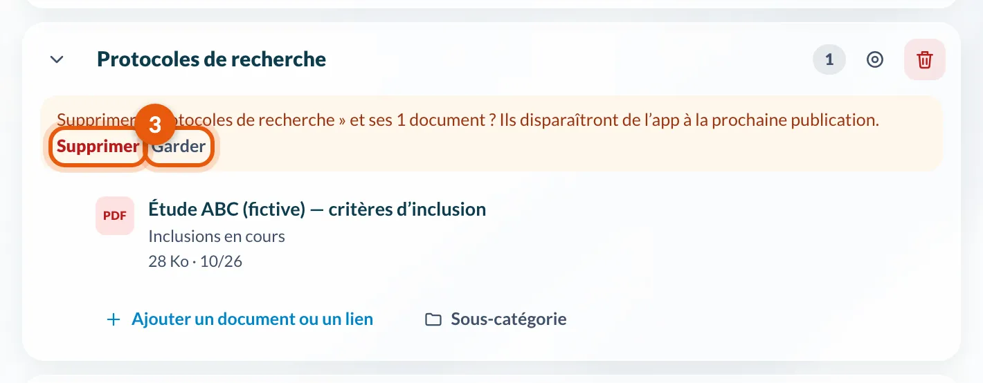 La confirmation de suppression d'une catégorie et de ses documents