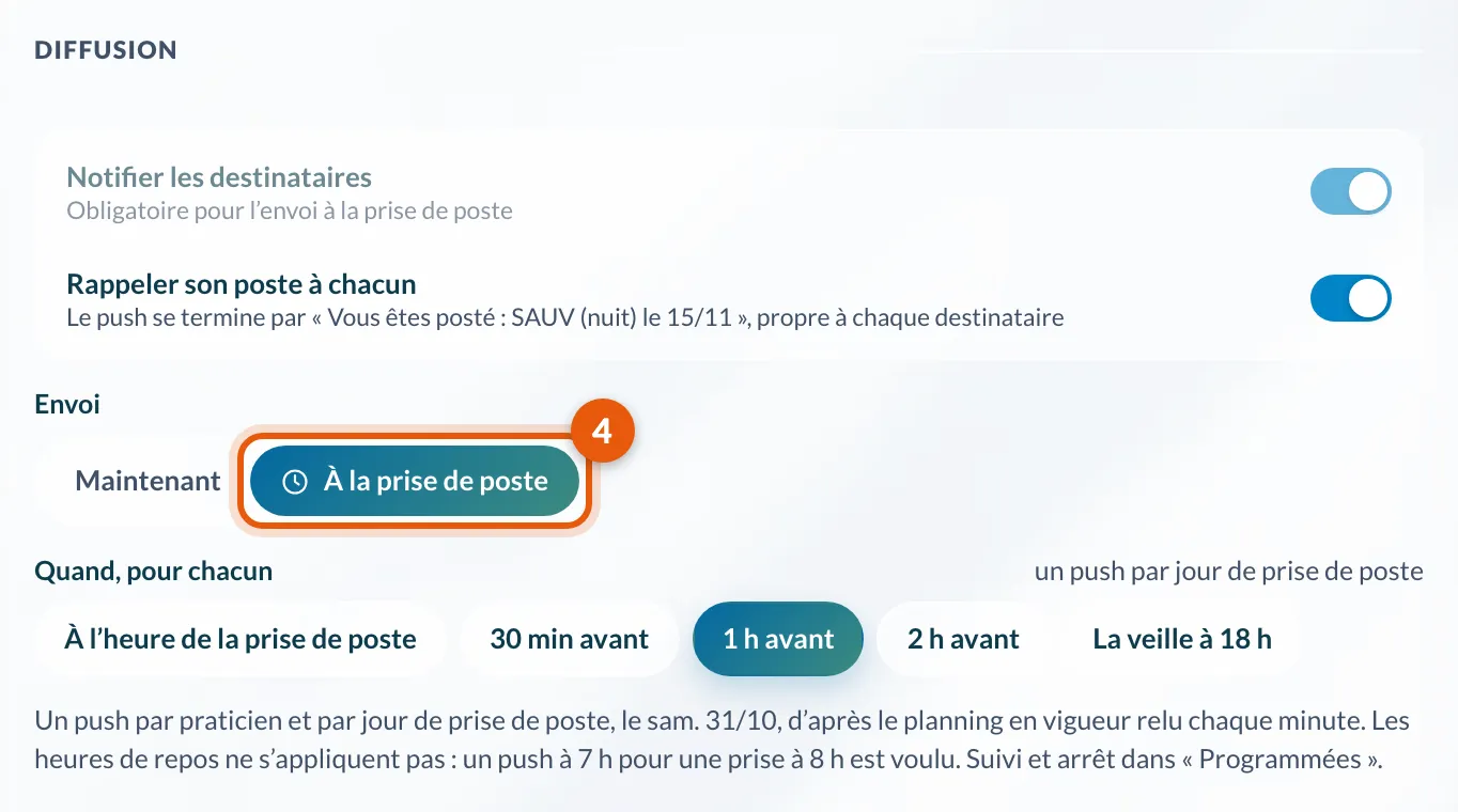 Envoi À la prise de poste et le choix Quand, pour chacun