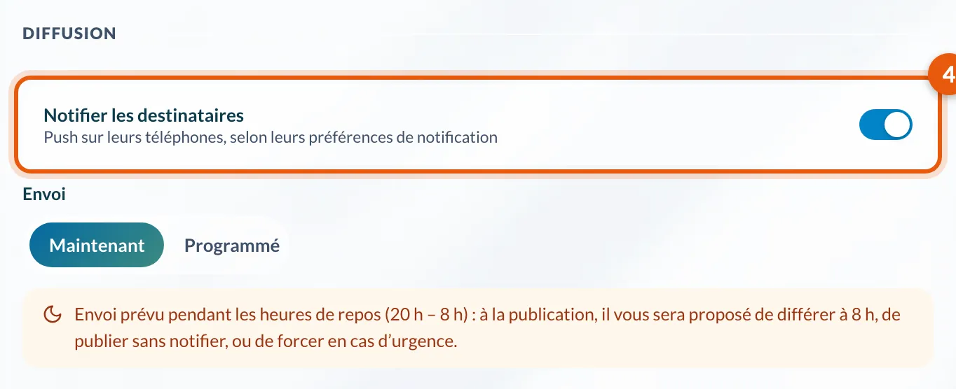 La section Diffusion : Notifier les destinataires et Envoi Maintenant