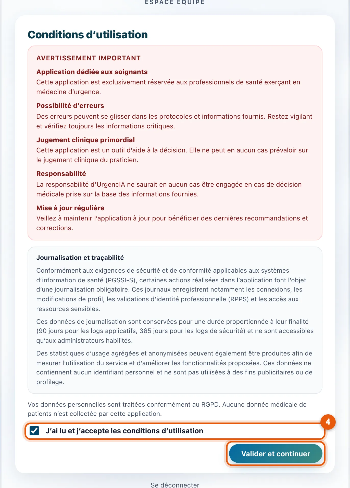 La case J'ai lu et j'accepte les conditions d'utilisation et le bouton Valider et continuer