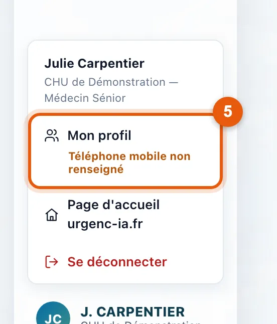 Le menu du compte et l'entrée Mon profil, avec le rappel Téléphone mobile non renseigné