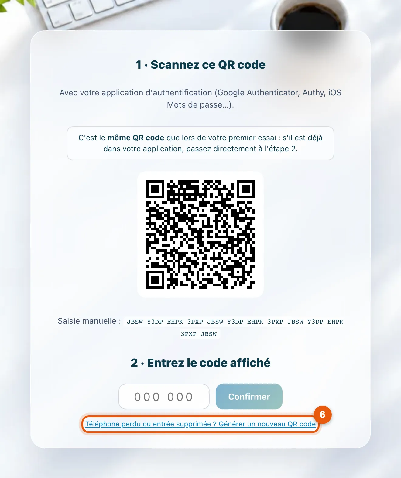 Le lien Téléphone perdu ou entrée supprimée ? Générer un nouveau QR code