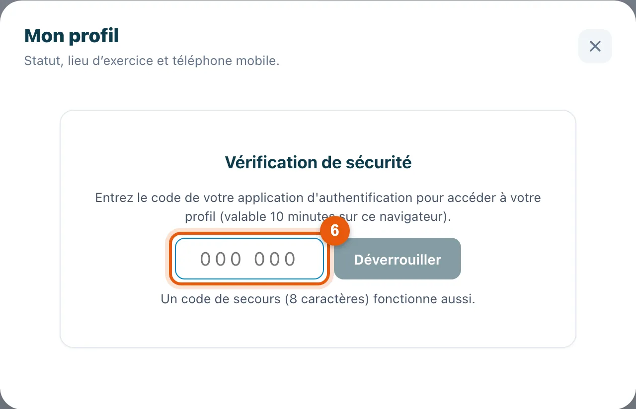 La fenêtre Mon profil demande le code de double authentification