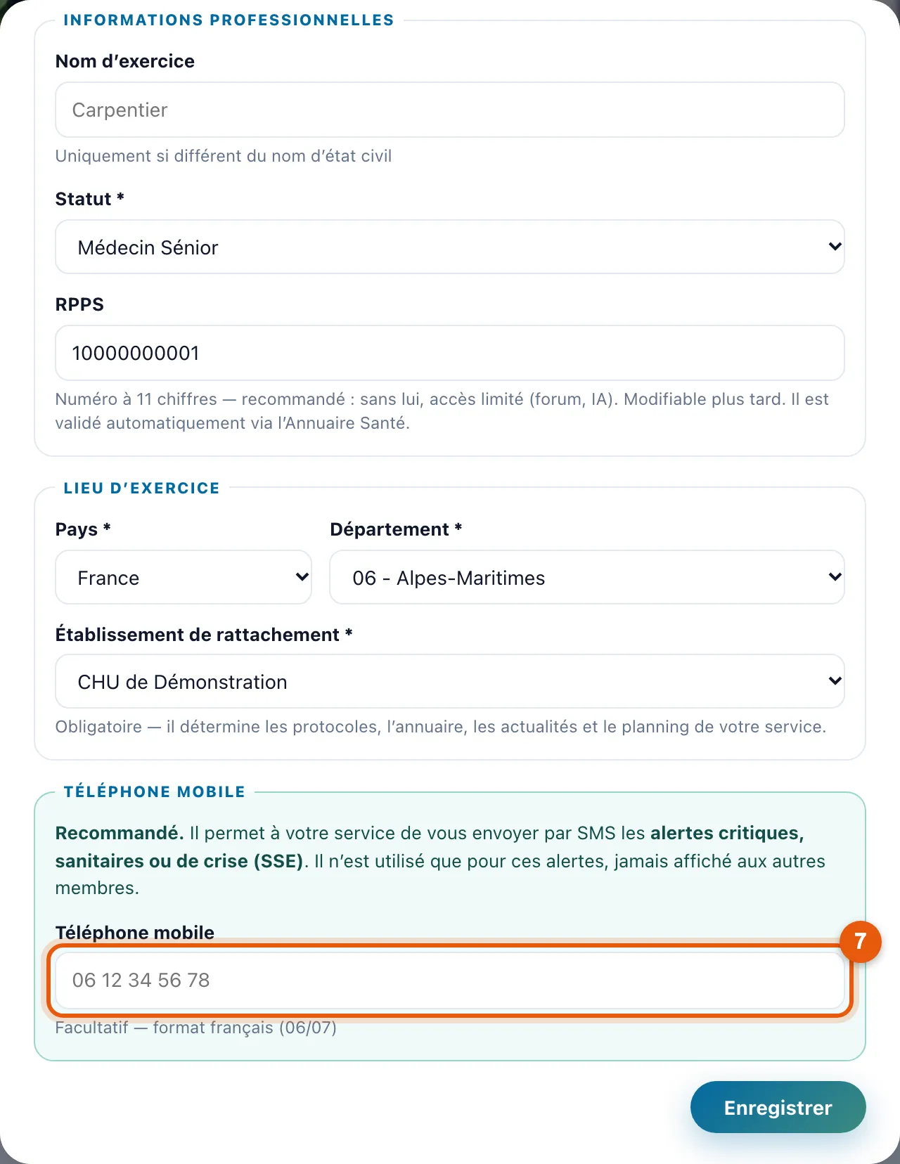 La fenêtre Mon profil et le champ Téléphone mobile